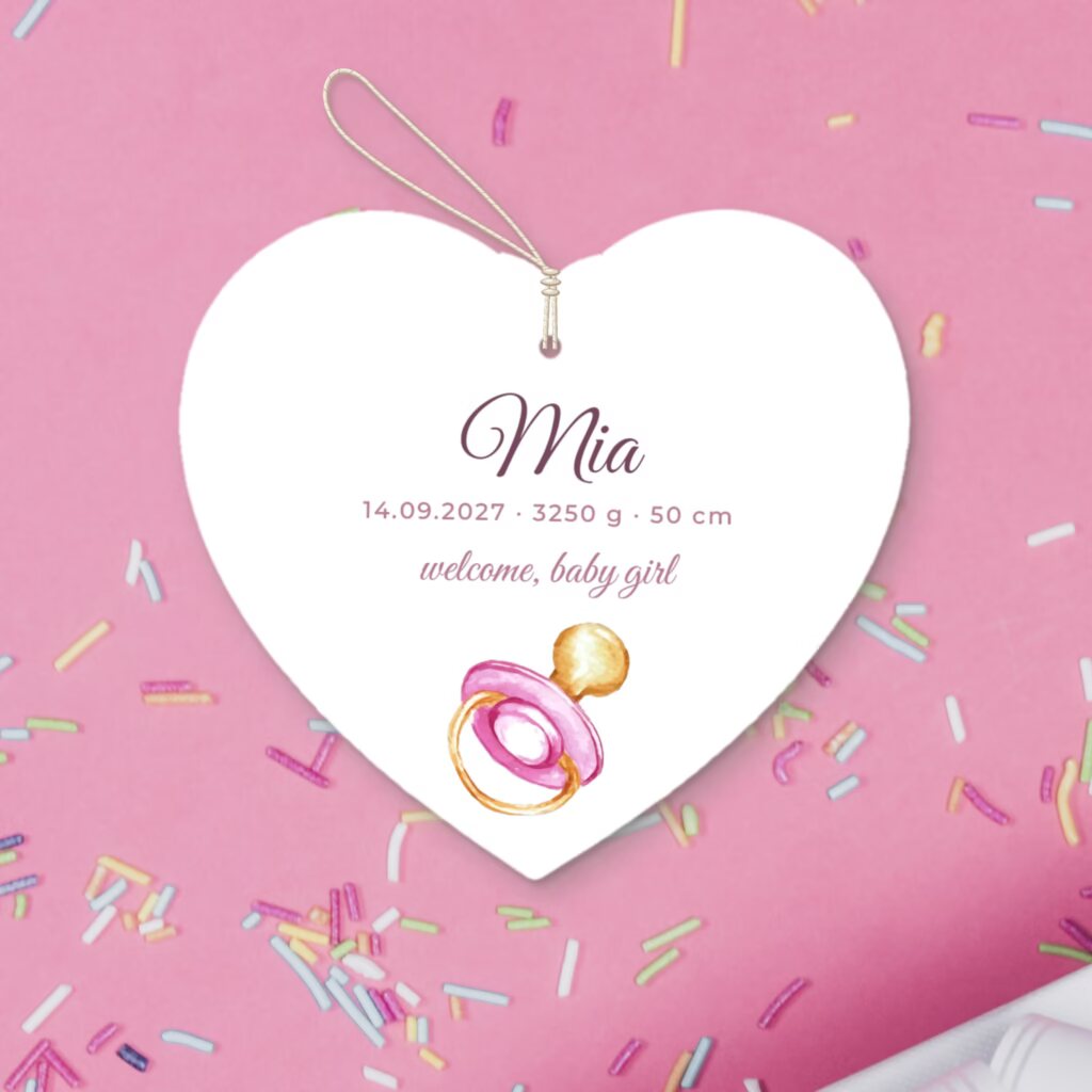 Heart for a newborn girl - with the baby's name, date, weight and height