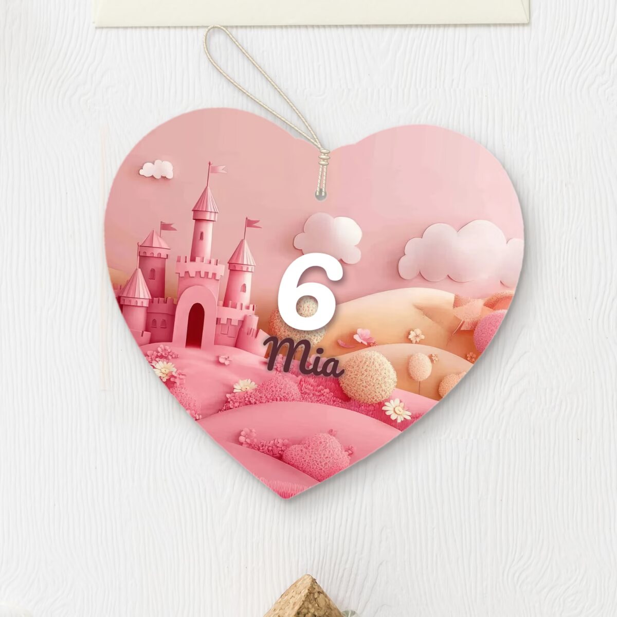Kids heart “Castle” - the child's age and name, QR code on the back to the invitation