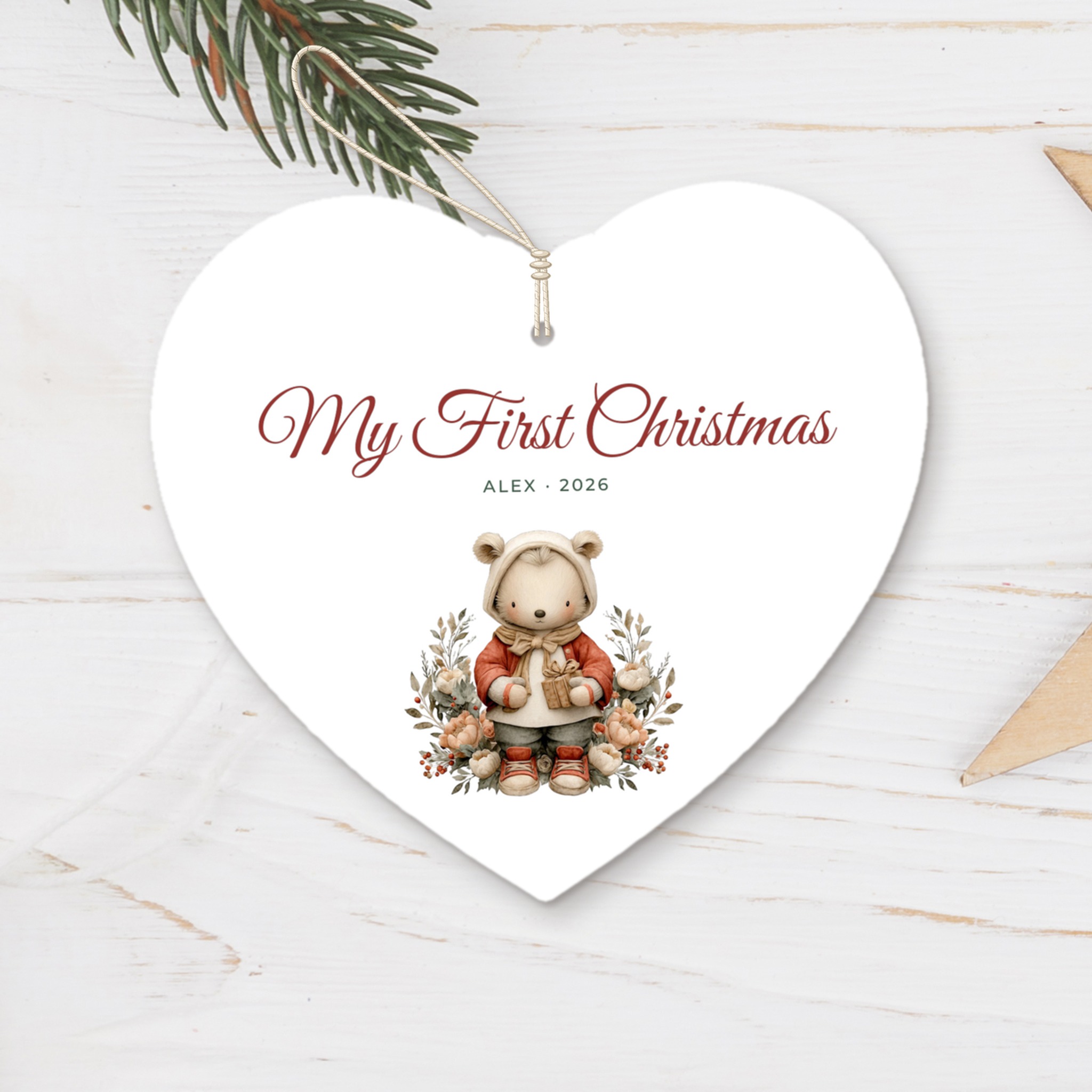 "Teddy bear" tree ornament - a "My first Christmas" heart with the baby's name - a gift for a newborn or a Christmas christening