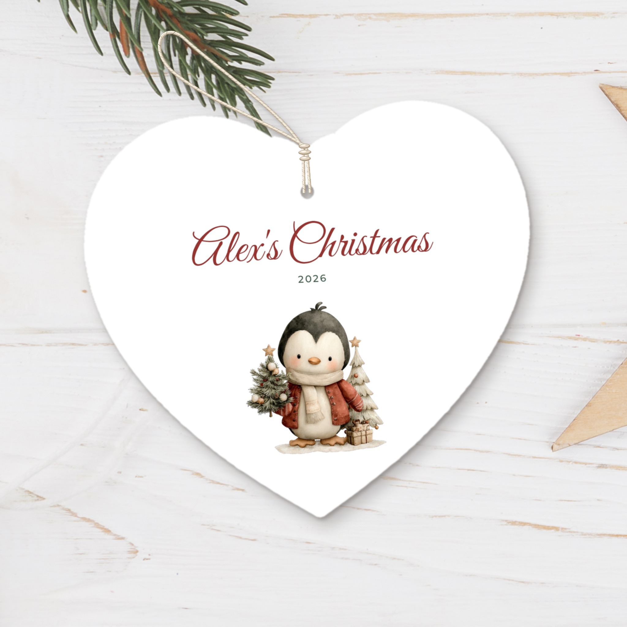 "Little penguin" kids' tree ornament - a heart with the child's name and the year - a Christmas gift for a boy or a girl, for a kindergarten group