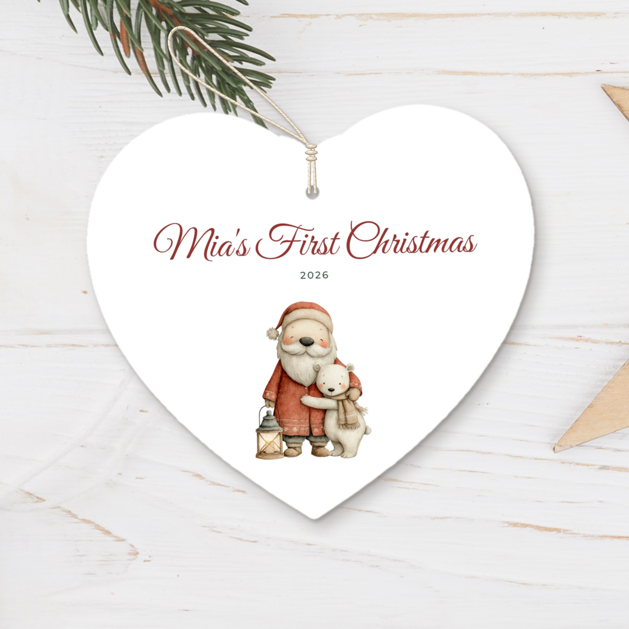 "Santa with a teddy bear" kids' tree ornament - a heart with the child's name - a gift for baby's first Christmas