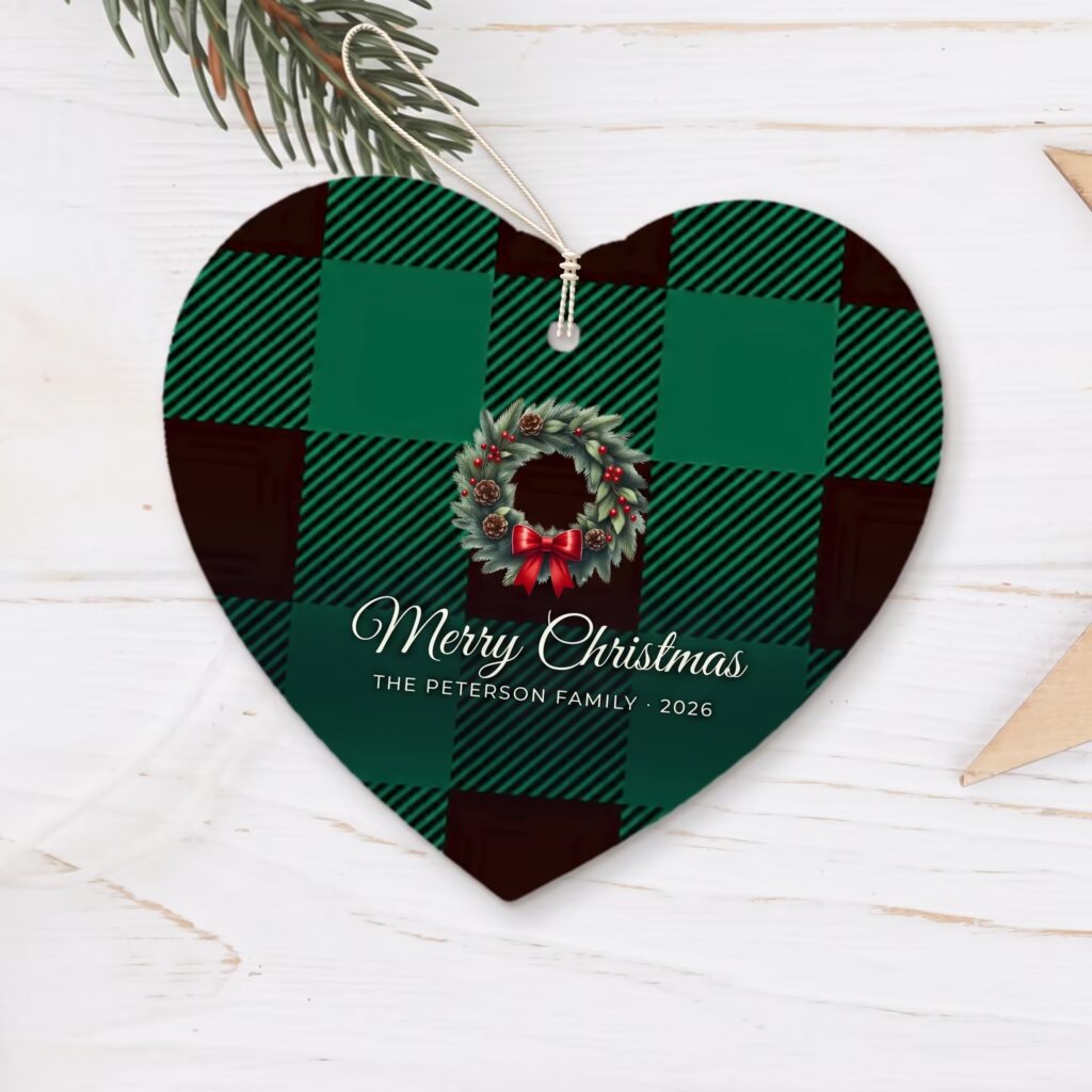 "Green plaid with a wreath" Christmas heart - a full print with your text - a tree ornament, a gift for colleagues, clients or a teacher