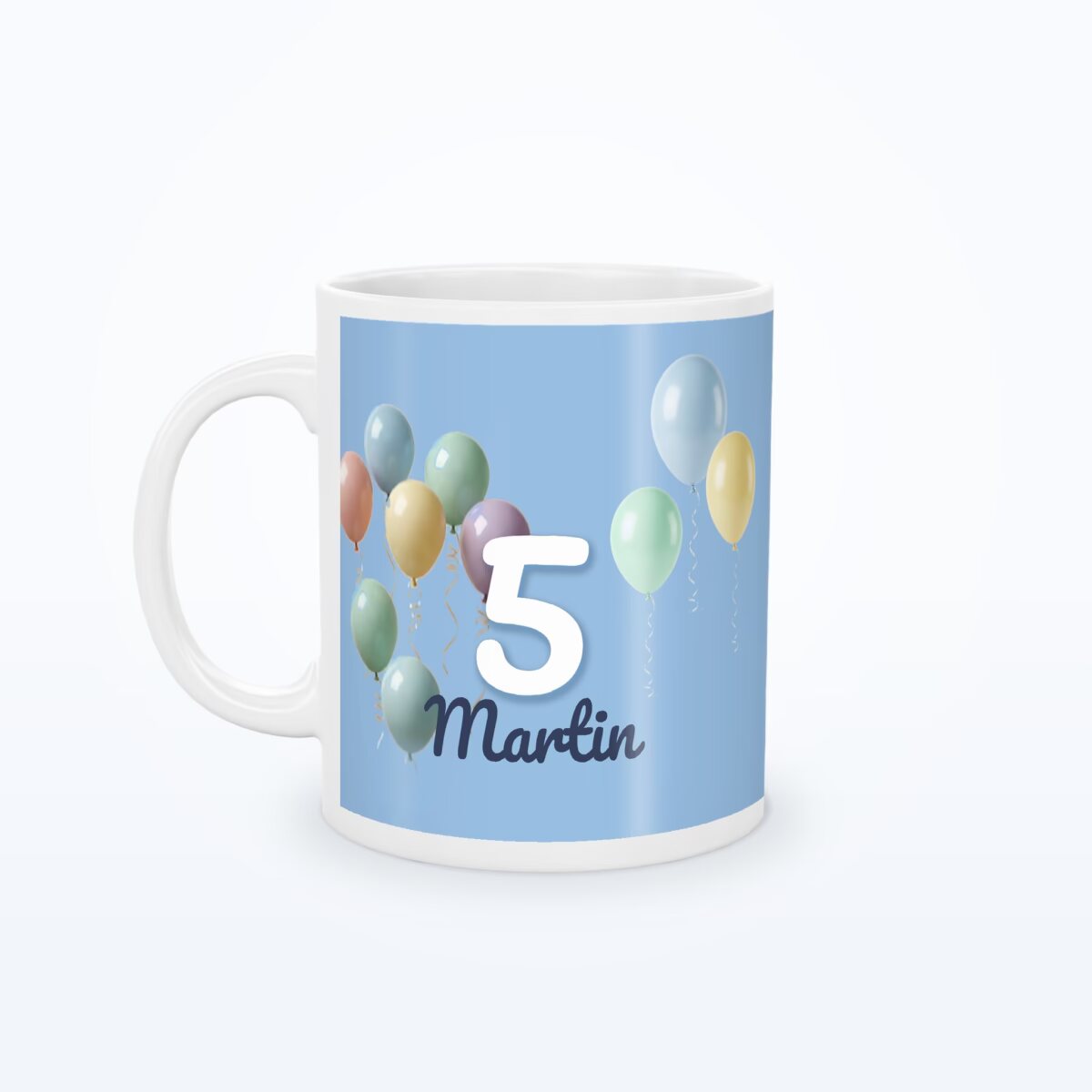 Kids mug “Balloons · Blue” - the child's age, name and photo, with a QR code to the invitation