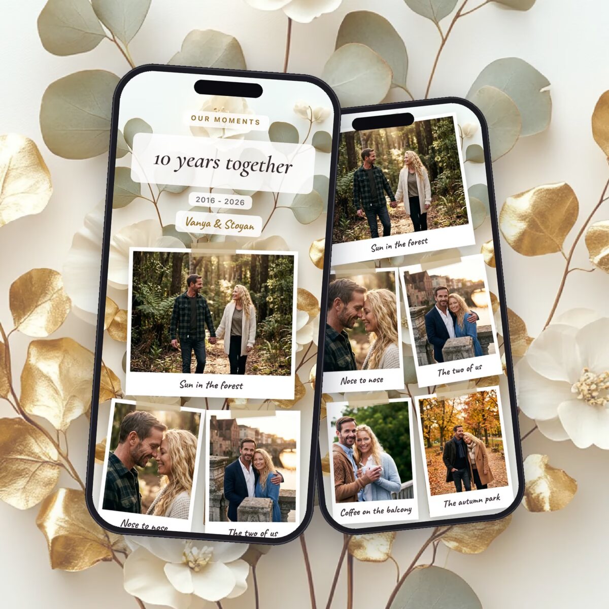 Memory page “Gold and eucalyptus” - a round anniversary with a timeline and photos